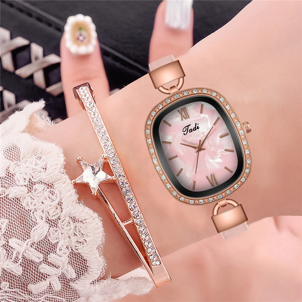【Watch+Bracelet】Women Oval Pearl Shell Dial Watches Fashion Ladies Leather Rhinestone Quartz Roma Watch Reloj Mujer | Наручные часы
