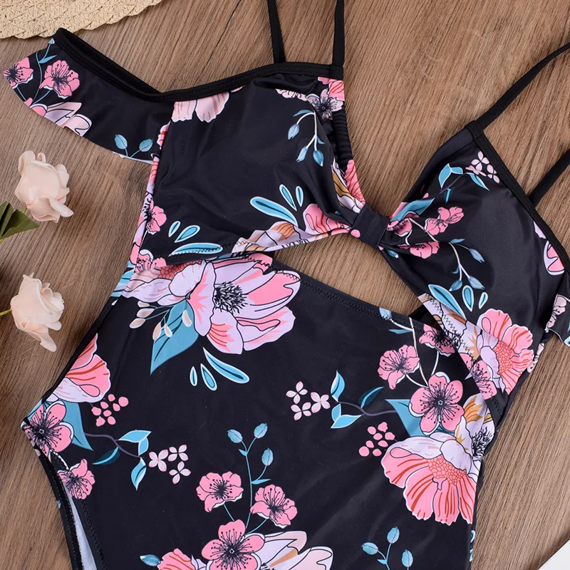 Hirigin High Wasit Sexy Flower One Piece Swimming Suit Women Swimweat 2020 New Hollow Out Ruffles Push Up Padded Bathing |