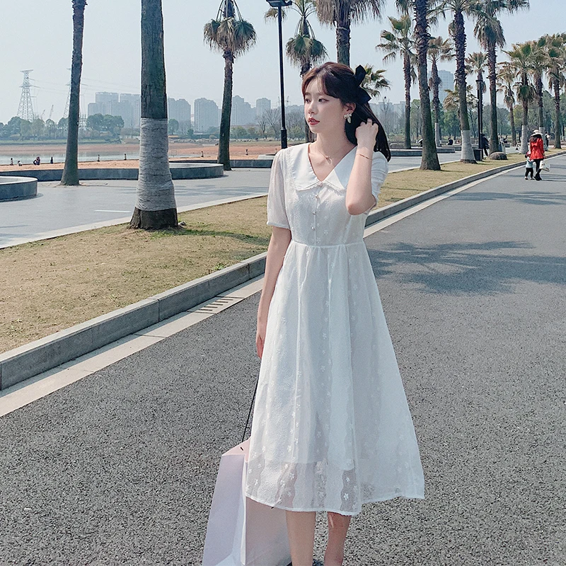 

Summer Sweet Short-sleeved V-neck High-waisted Female Dress Korean Mid-length Solid White Lace Chiffon Women's Clothing