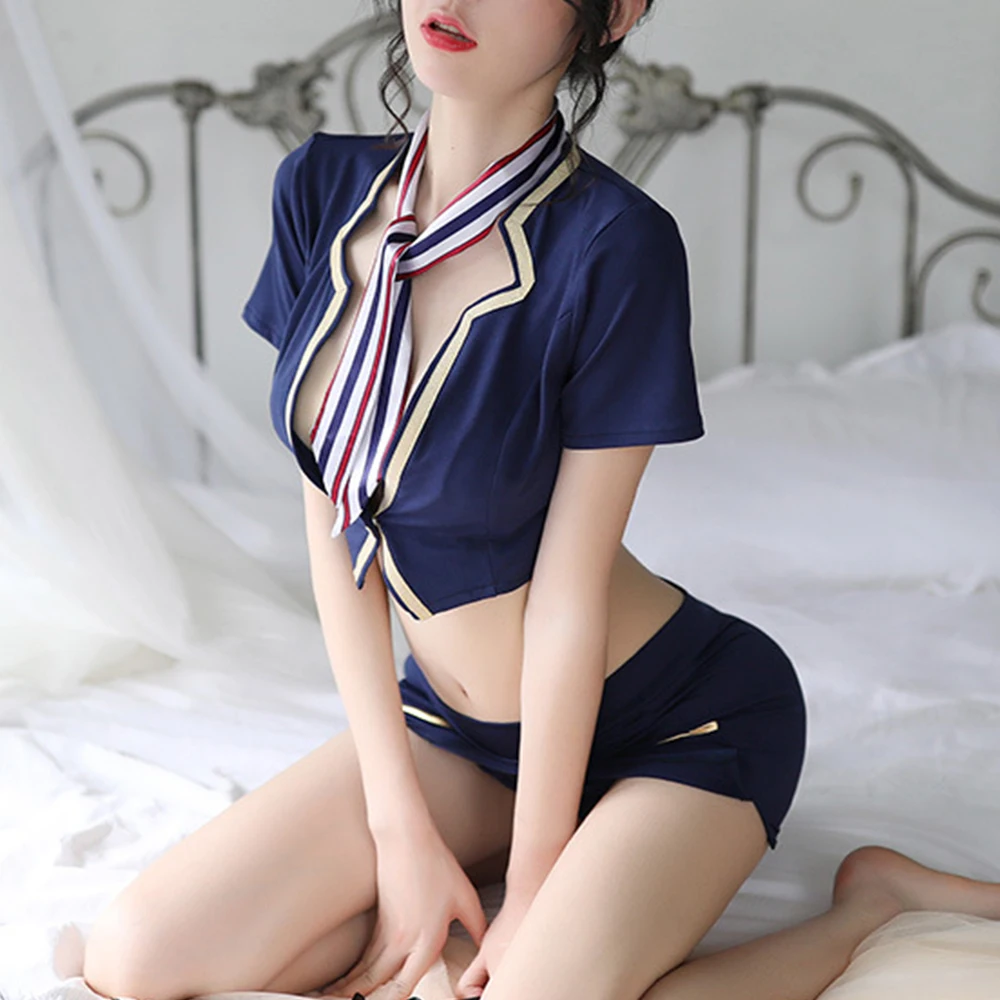 

Cosplay Erotic Lingerie Women Sexy Flight Attendant Uniform Set Hot Role Play Stewardess Costumes with Hat Sexy Outfit