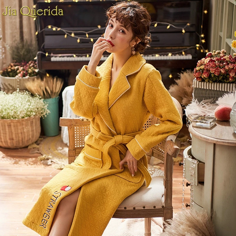 Женский халат плюс размер зимний теплый 100% хлопок ночные рубашки длинное желтое