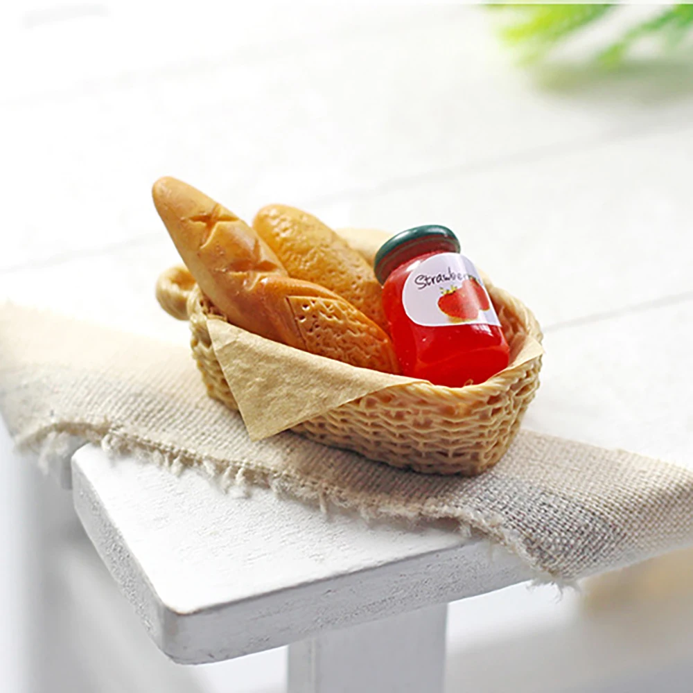 

1Set 1/12 Doll House Miniature Jam Bread Basket Simulation Kitchen Diy Food Model Toy Mini Decoration Dollhouse Accessories