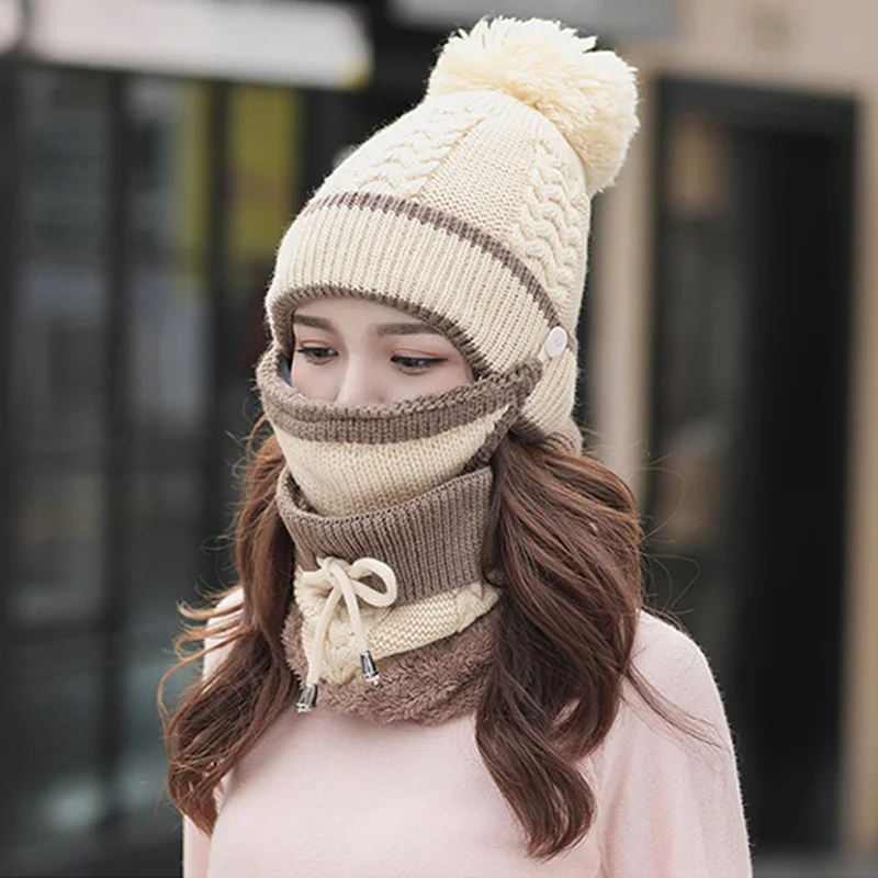 

3 in 1 Winter Beanie Scarf Mask Set Warm Cap Hat Soft Knit for Women Outdoor TY66