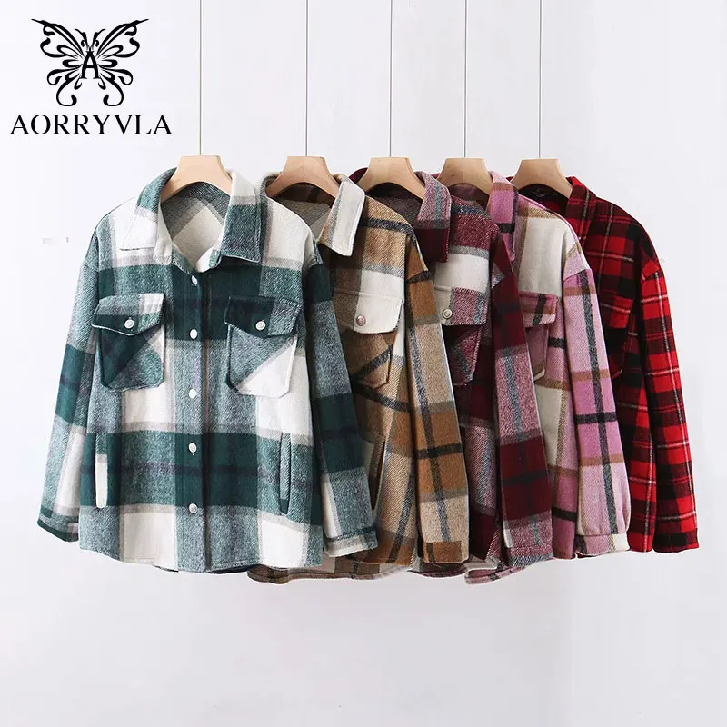 

AORRYVLA 2020 Autumn Women Green Plaid Jacket Casual High Quality Full Sleeve Big Pockets Warm Outwear Oversized Ladies jackets