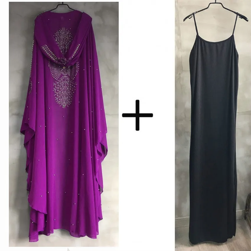purple 2pcs sets Африканские платья для женщин Dashiki алмазные бусины африканская одежда abaya Дубай халат вечернее длинное мусульманское длинное платье для девочки накидка с капюшоном - Цвет: purple 2pcs sets