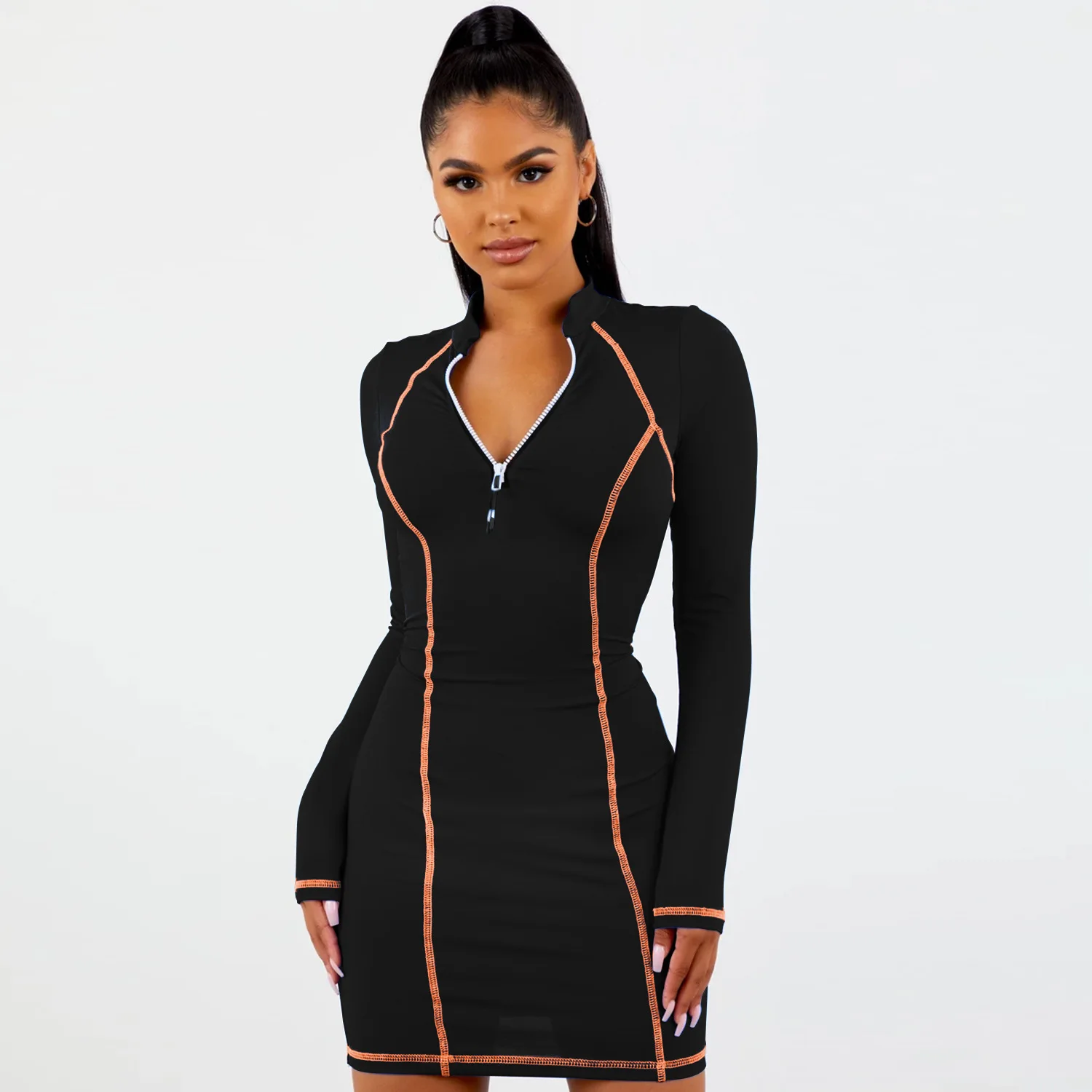 Женское облегающее платье с длинным рукавом V-образным вырезом и молнией |