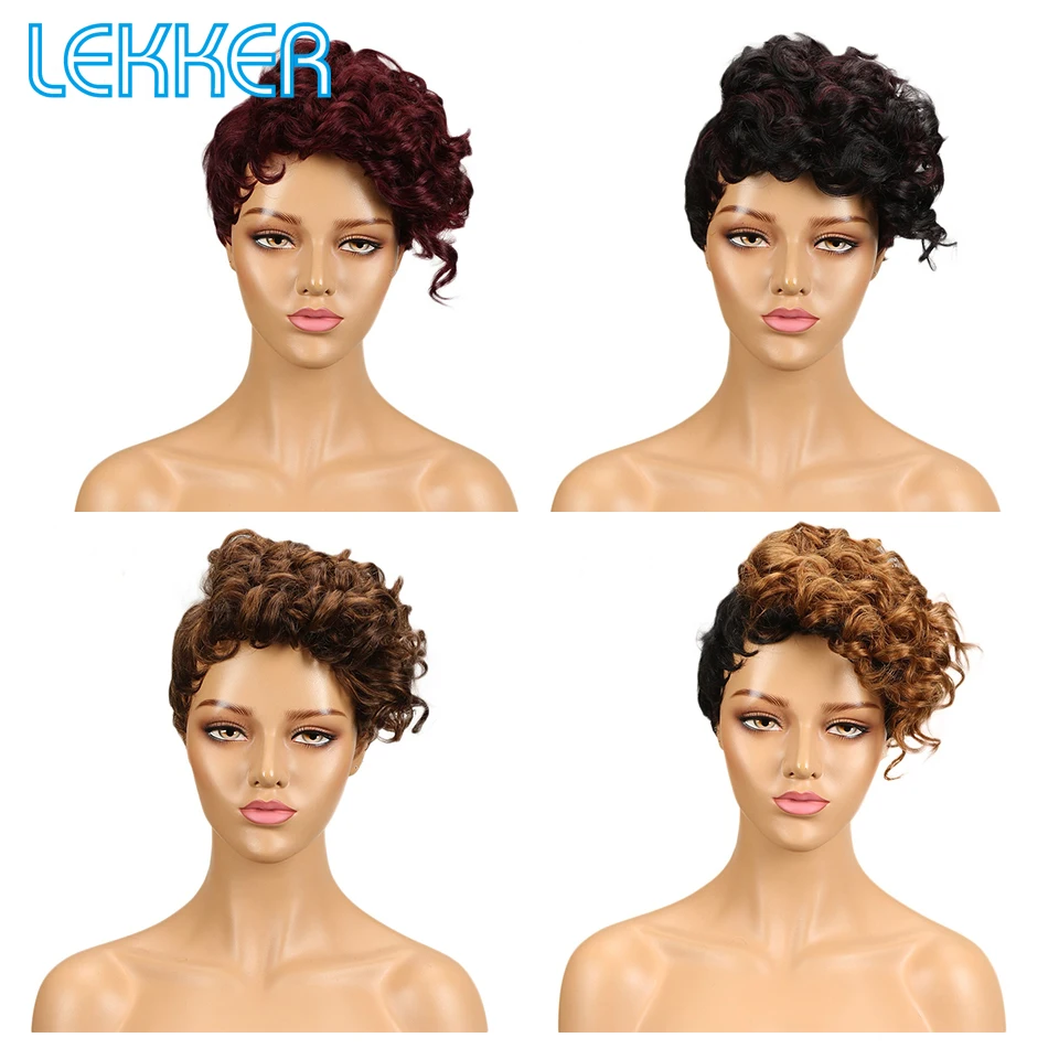 Lekker Colored Short Pixie Curly Bob Human Hair Wig For Women Natural Brazilian Remy Hair Ombre Gold Blonde Non Lace Cheap Wig images - 6