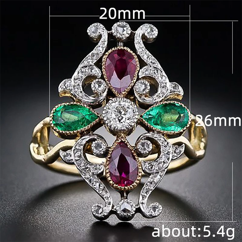 

New Design Two Tone Exaggerated CZ Stone Flower Pattern Ring Women Ethnic Style Party Jewelry Unique Female Accessories Gift