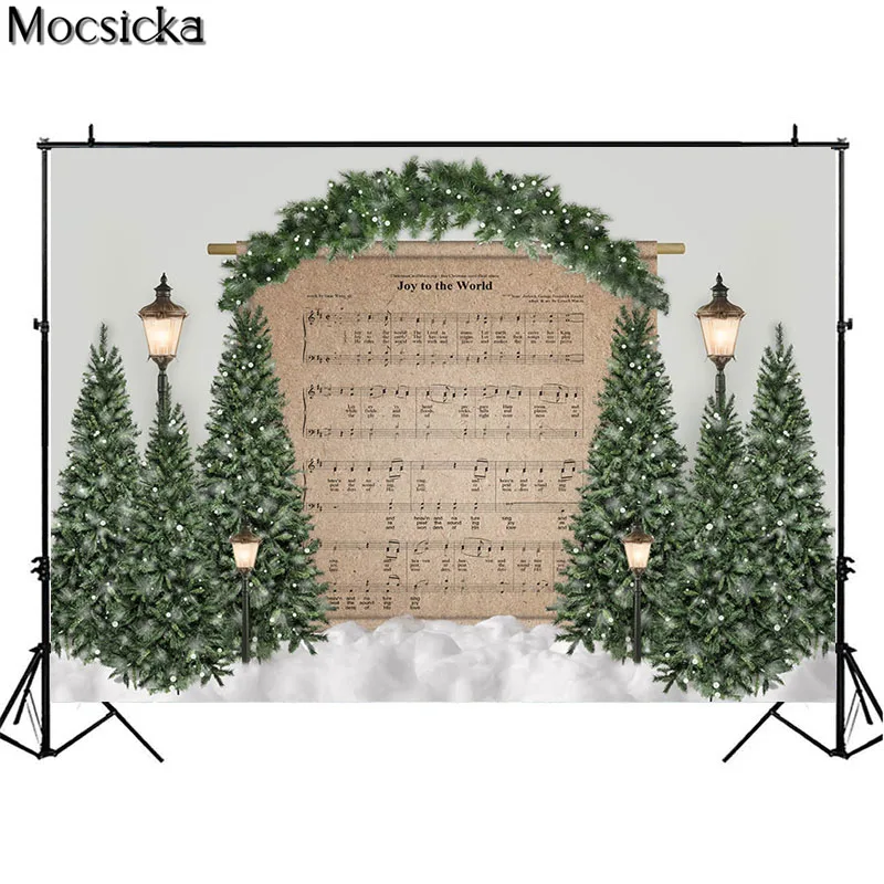Christmas Tree Photography Backdrop Snow Joy To The World Music Score Decor Prop Child Birthday Portrait Background Photo Studio