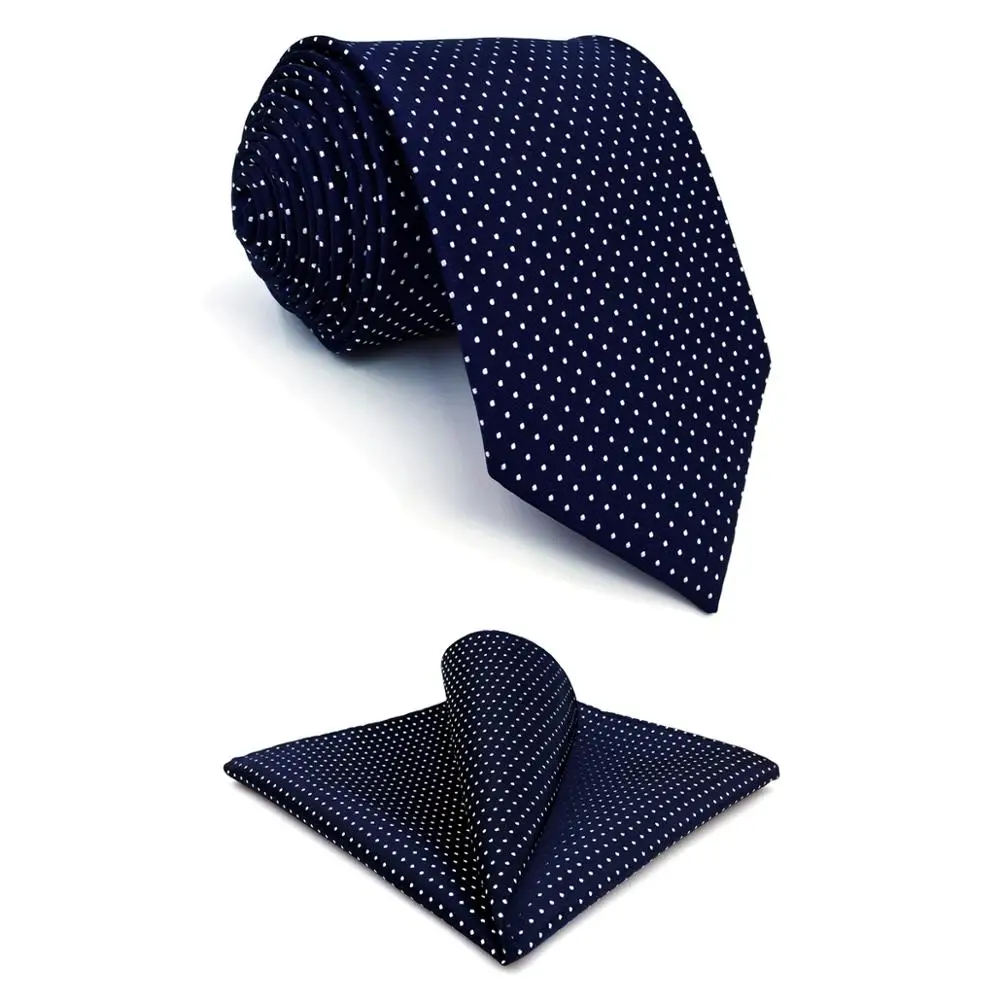 S6 Dots Navy Dark Blue White Ties For Men Silk Neckties and Pocket Square Set Extra Long Slim Gift Wedding