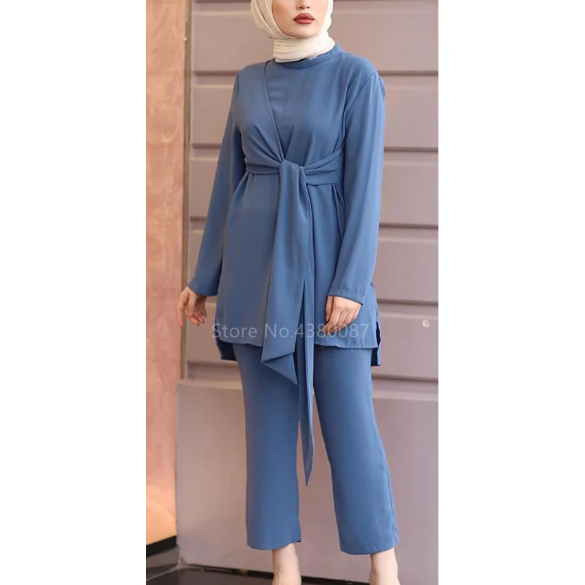 

Islamic Ladies Bandage Tops Muslim Fashion Abaya Kaftan Pant Set Arab Middle East Ruffle Dubai Extra Size Ruffle Turban Dress