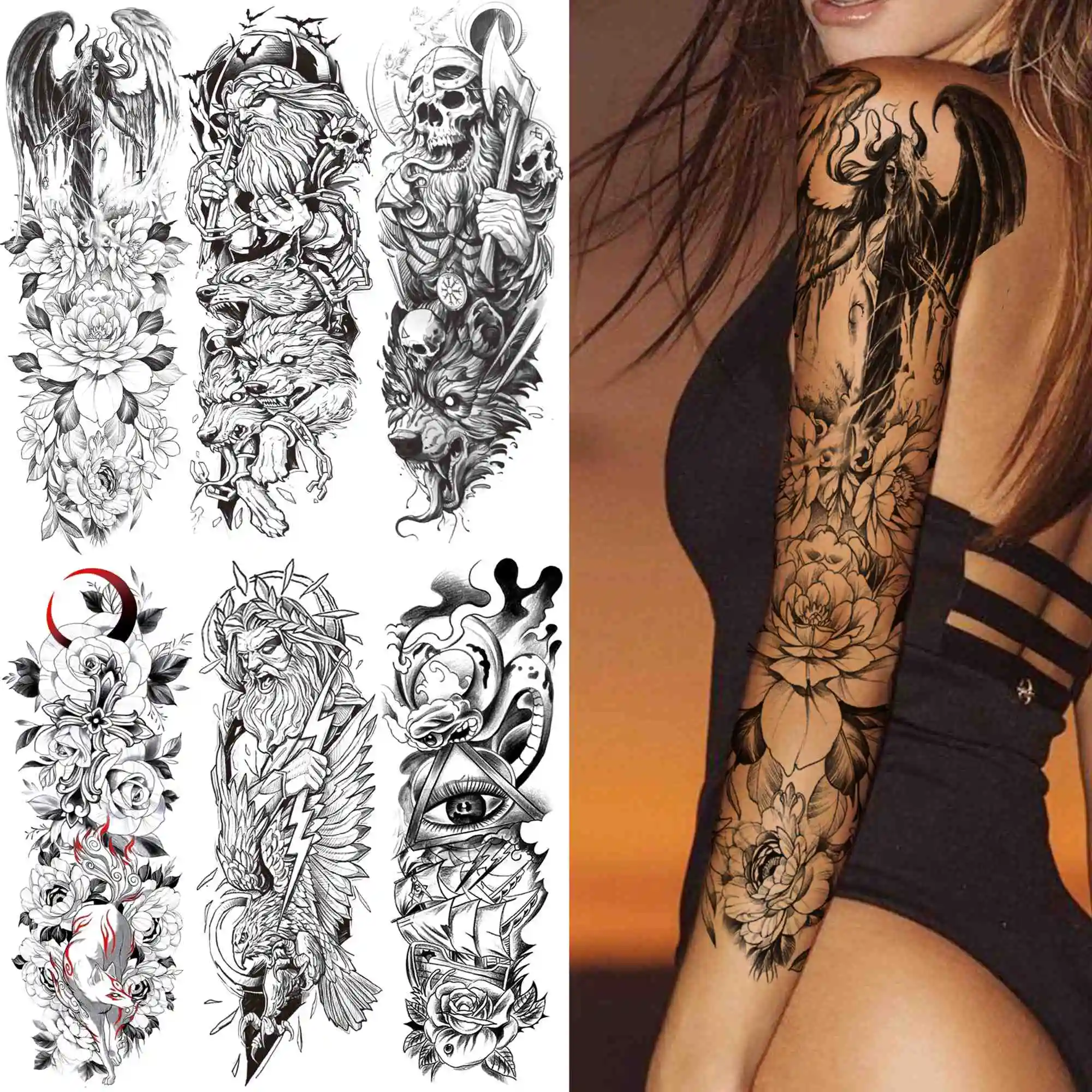 Flower Temporary Tattoo For Women Men Adult Full Arm Demon Wings Tattoos Sticker Sleeve Fake Black Skull God Tatoos Shoulder