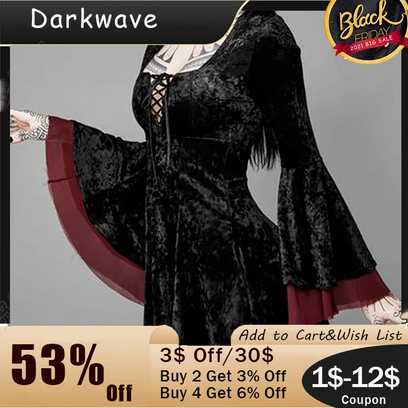 

New Gothic Autumn Dress Fashion Europe America Solid Color Splicing Square Collar Flared Sleeves Bandage High Waist Women Dress