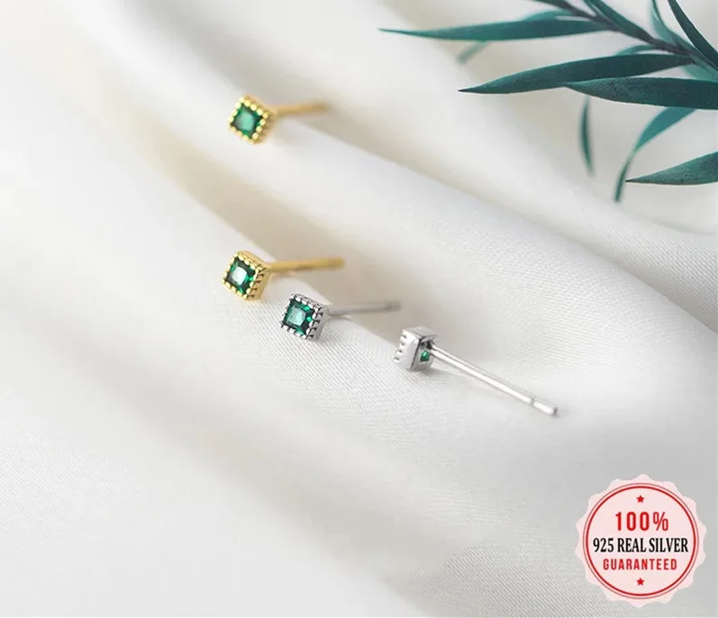 

YPAY 2021 New Arrival Authentic 925 Sterling Silver Green CZ Square Stud Earrings Silver For Women Fashion Jewelry New Design