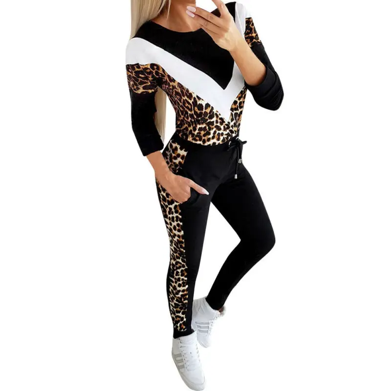 

Fashion 2Pcs Women Tracksuit Hoodies Long Sleeve Sweatshirt And Pants Sets New Ladies Sport Casual Leopard Suit