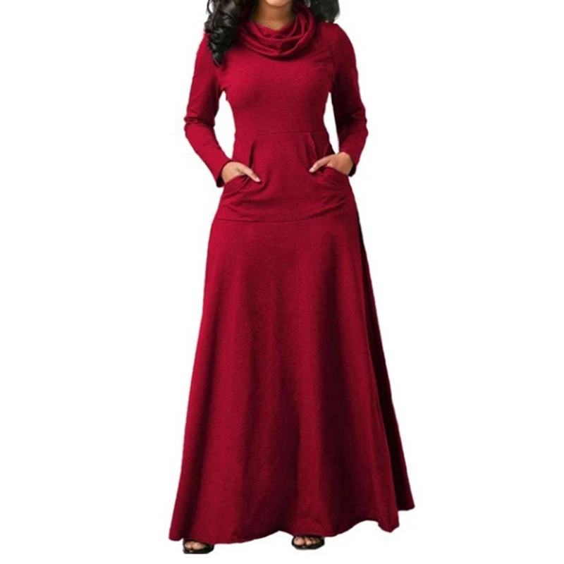 High Collar Dress Tall Women Floor Length Long Maxi Dresses Big Swing Pockets Slim Sleeve Vestido | Женская одежда