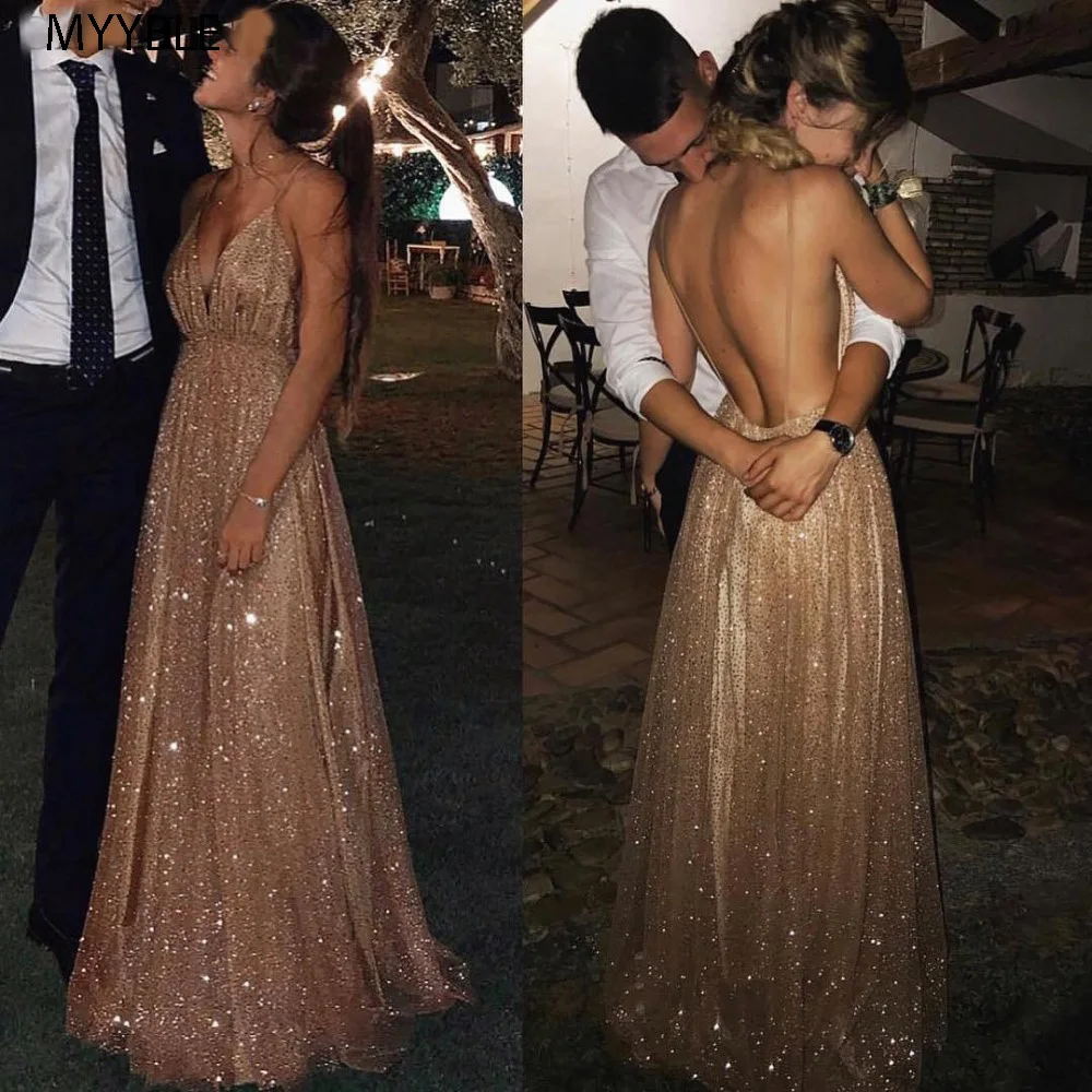 

Sexy Spaghetti Straps V-Neck Backless Prom Dresses 2020 Rose Gold Sequin Long Evening Dress A-line Champagne Formal Party Gowns