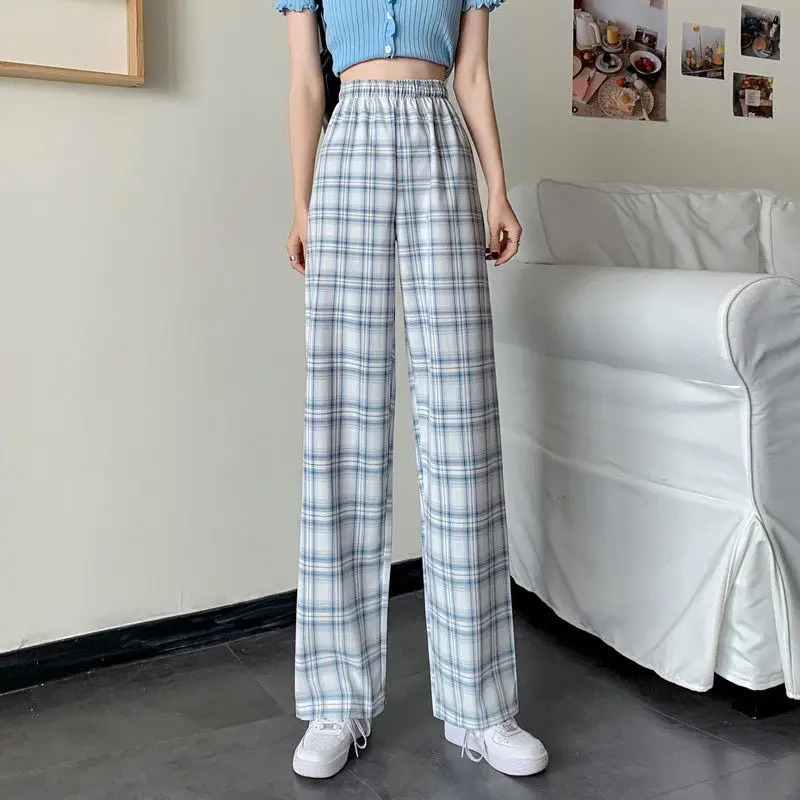 

MINGLIUSILI Blue Plaid Pants Women Fashion Summer 2021 Trousers Women Loose Casual All-match High Waist Korean Style Clothes