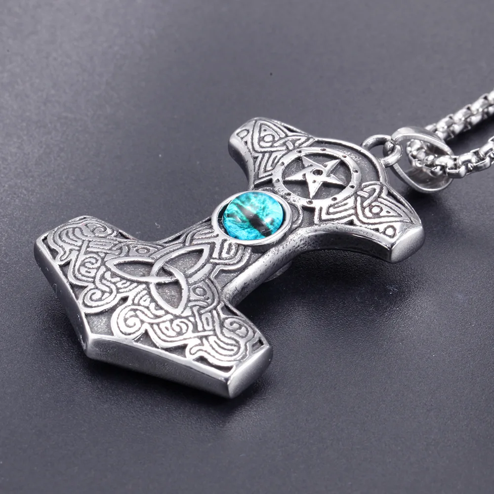 Stainless steel Viking Thunder's hammer pendant necklace men's vintage Cat eye stone titanium chain | Украшения и