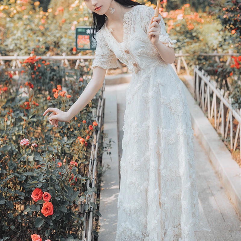 

YAMDI boho short sleeve a-line party runway lace sexy summer dress elegant vintage embroidery 2020 dresses women embroidery robe