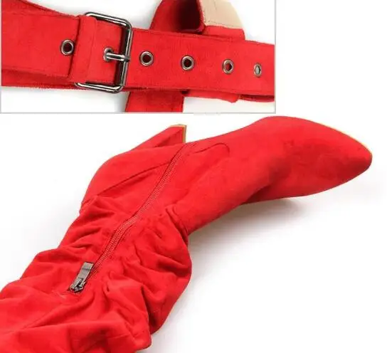 Red Yellow Black Suede Woman Pointed Toe Over The Knee Buckles Sexy Pants Belts Boots High Heel Square Toe Long Boots Lady