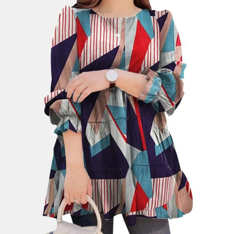 

Fashion Loose Vintage Printed Blouse Autumn Ruffle Long Sleeve Casual Shirt Pullover Women Elegant O-Neck Blusas Tops Streetwear