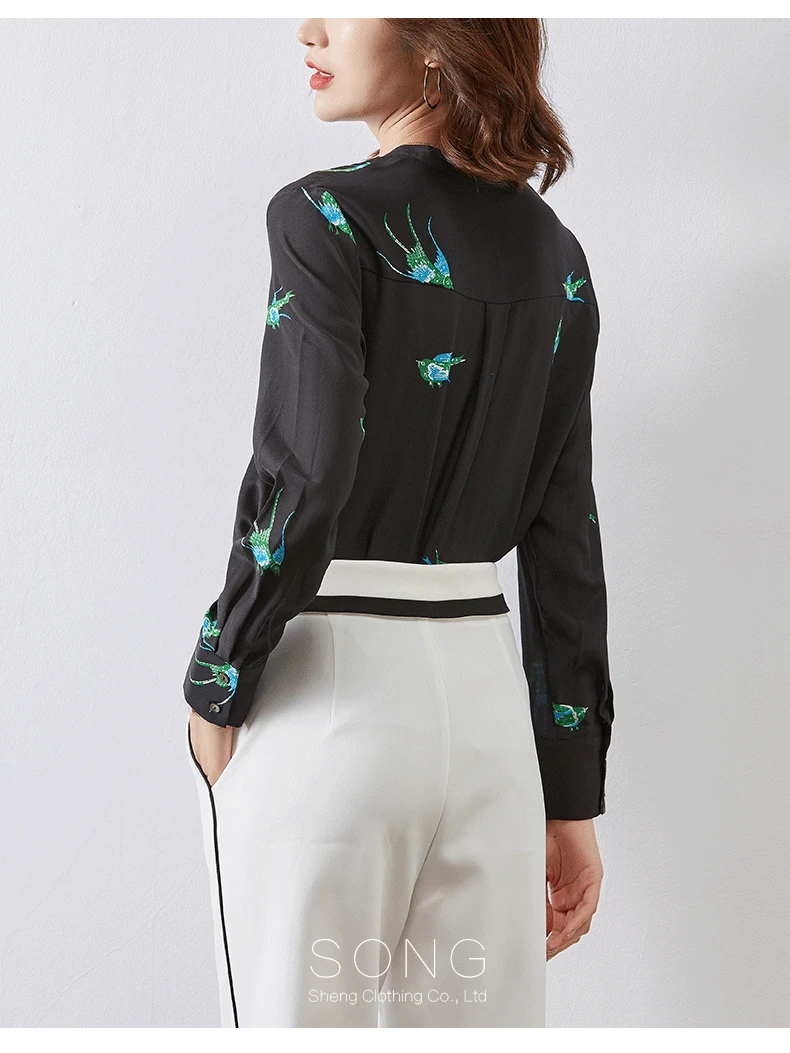 Женские рубашки из натурального шелка с длинным рукавом и V образным вырезом