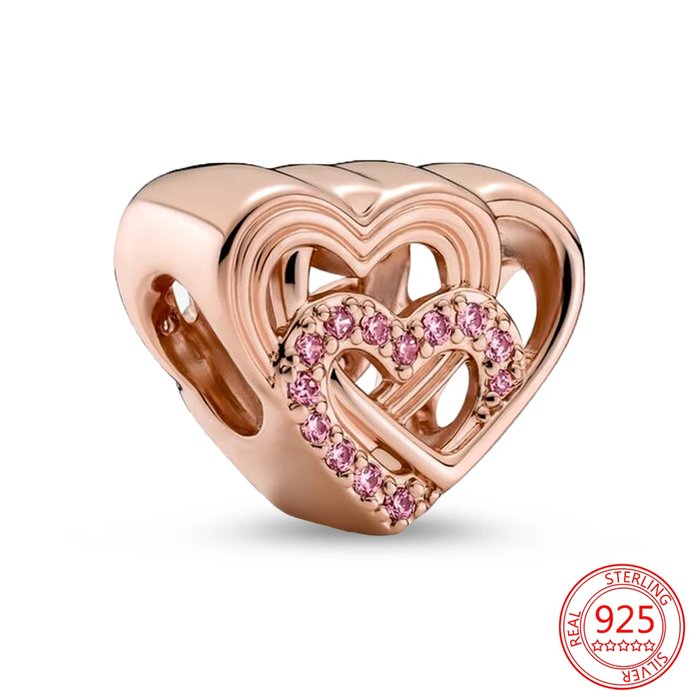 

NEW 925 Sterling Silver Pink zircon love heart jewelry diy Rose gold Charm Fit Original Bracelet Women bead Send lover