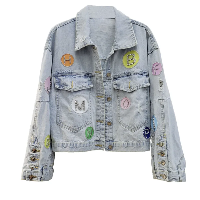

Heavy Industry Diamond Color Letter Short Denim Jacket Hole Ripped Female Loose Denim Coat Outwear