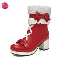winter high heeled lolita ankle boots faux fur waterproof platform thick bottom cute bow red pink black women shoes size 34 43