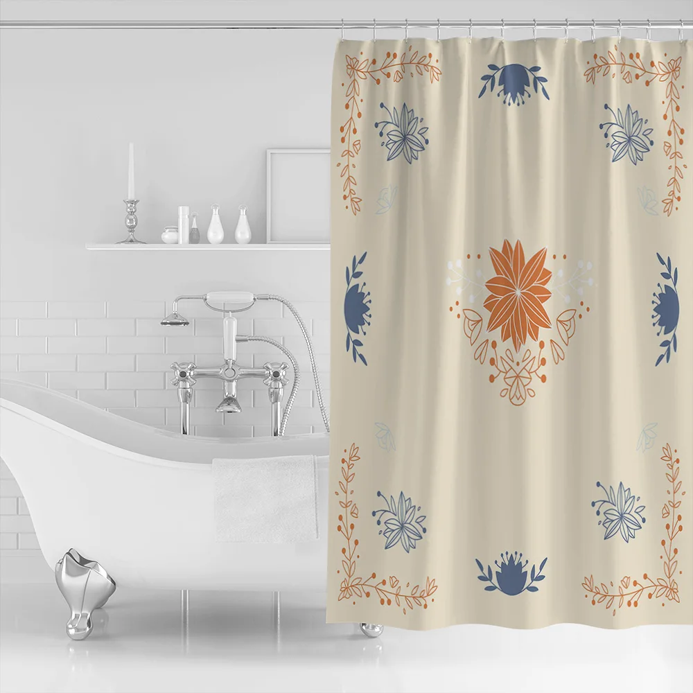 Hand Painted Leaves Petals Orange And Dark Blue Shower Curtain Bathroom Decorative Fabric Waterproof | Дом и сад