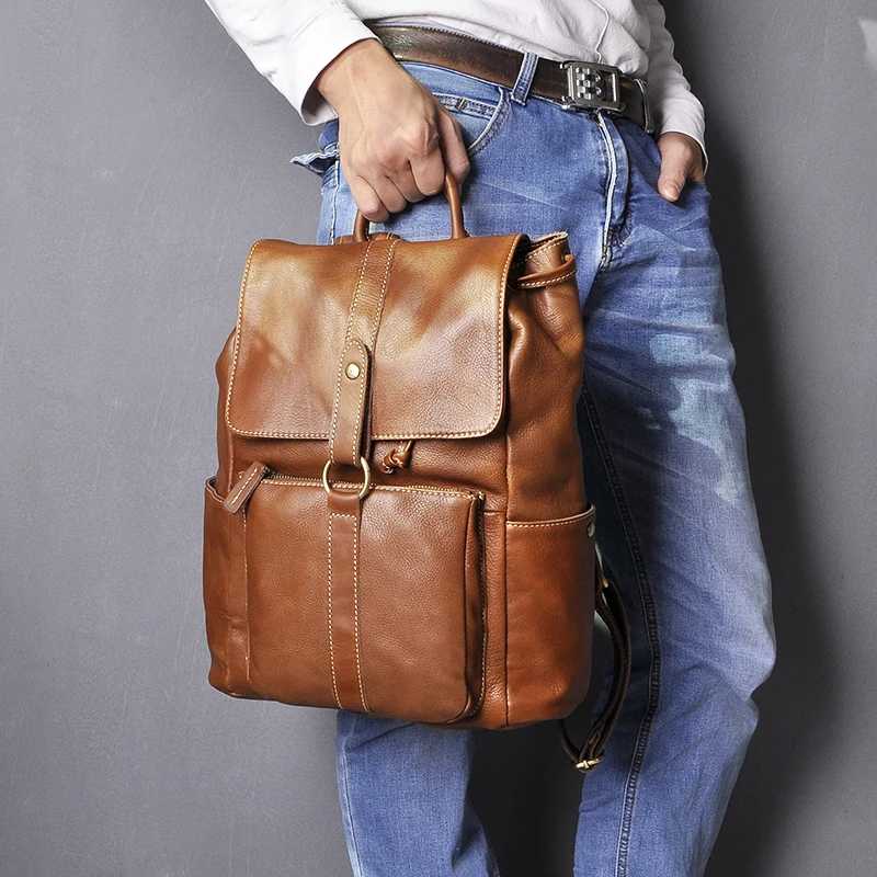 

Designer Male Original Leather Casual Fashion Large Travel Bag College University Student School Bag Backpack Daypack Men 6163