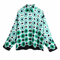 2021 spring women geometry graphics print blouses mujer single breasted long sleeve casual top loose lady lapel shirt femme