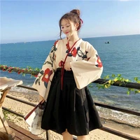 nicemix japanese sweet kawaill girl kimono cardigan prove kimonos coat flower print badange skirt 2 pcs sets black dress