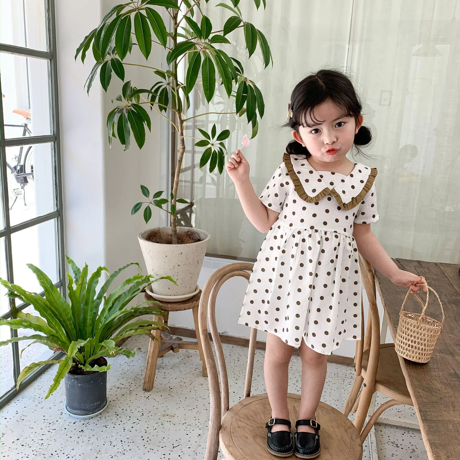 Платье в Корейском стиле с принтом горошек милое платье воротником форме листа