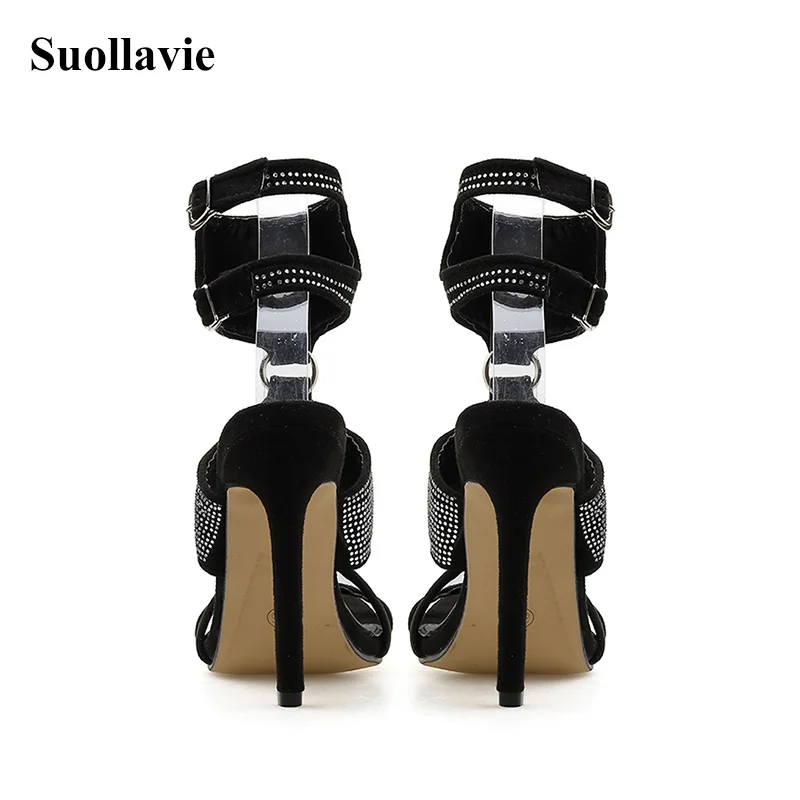 Женские ботильоны с острым носком черные ботинки из ПВХ прозрачным ремешком и