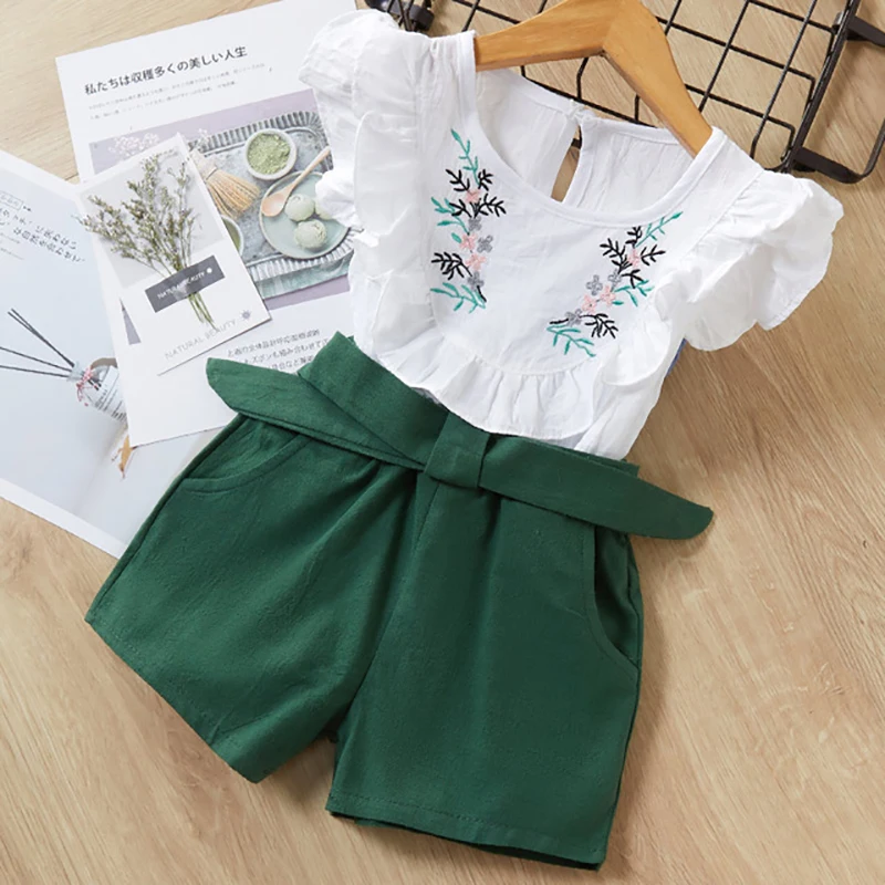 

ZWF761 Toddler Baby Girls Kids Summer Clothes o-neck Flower sleeveless high waist green Tops + Shorts Outfit Sets 2PCS 2-10 Year