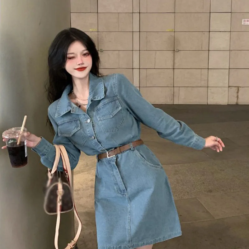 

Корейское винтажное милое джинсовое платье, женское французское элегантное мини-платье с высокой талией и длинным рукавом, Весенняя притал...