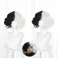 cruella de vil short curly black white ms spot hair deville dalmations heat resistant cosplay costume wigs wig cap