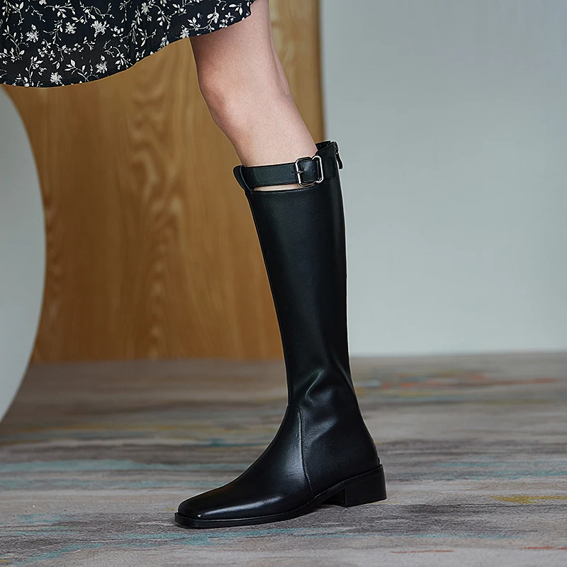 

Genuine Leather Female Knee High Boots Genuine Leather Metal Buckle Platform Chunky low Heels Pumps Working Shoes Woman