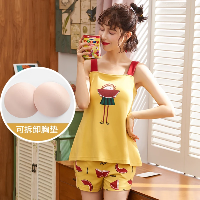 Женский Летний милый жилет из чистого хлопка комплект домашней одежды без