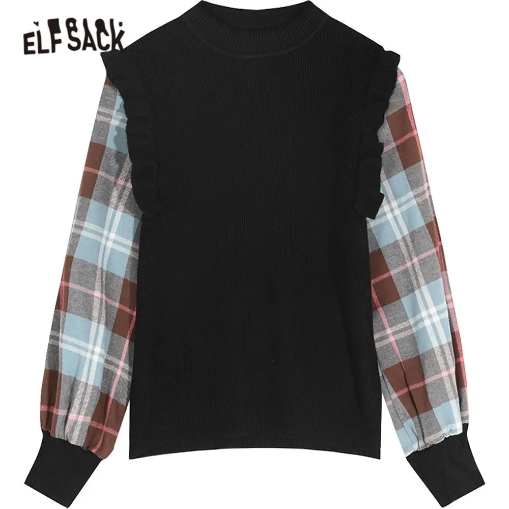 ELFSACK Black Plaid Patchwork Korean Knit Sweater Women 2020 Spring Colorblock Long Butterfly Sleeve Casual Ladies Daily Tops | Женская