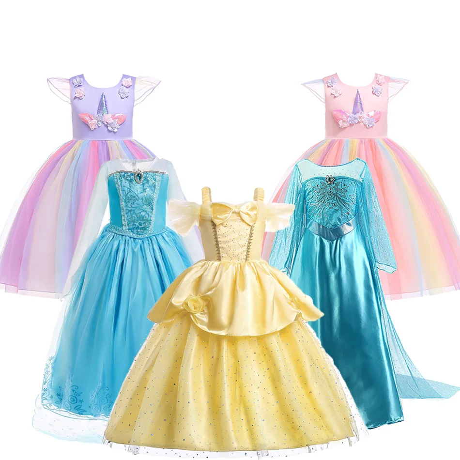 

Girls Carnival Costume Kids Rapunzel Elsa Anna Unicorn Belle Cinderella Dress Child Birthday Princess Party Costume