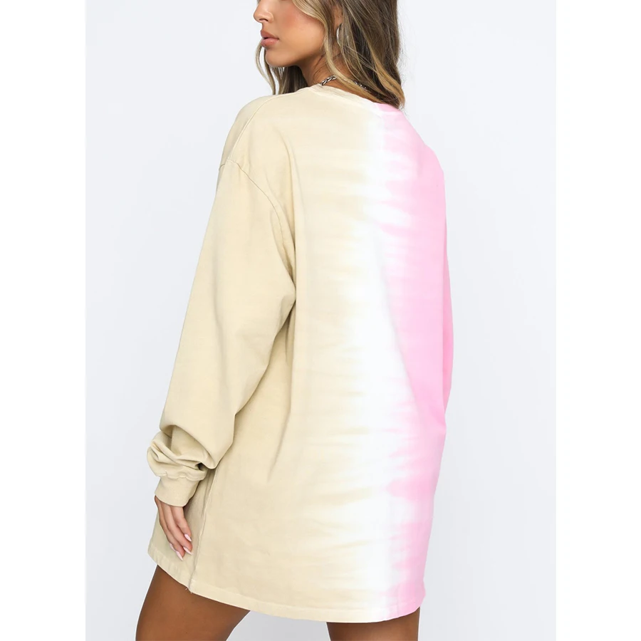 

High Street Japanese Letters Printing Sweatshirt Women Sexy Tie Dye Oversized Crewneck Tops New Fashion Winter Clothes Plus Size