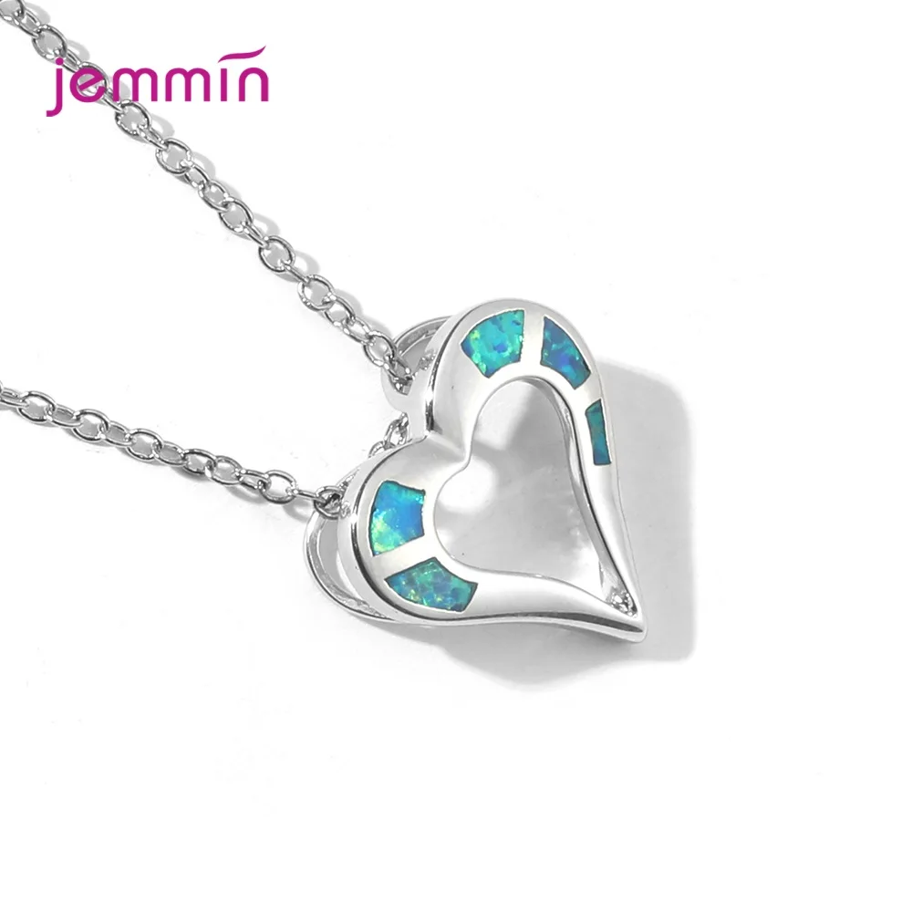 2021 S925 Sterling Silver Necklace Blue Opal CZ Crystal Heart Pendant Collare Love Jewelry Gift for Birthday Valentines | Украшения и