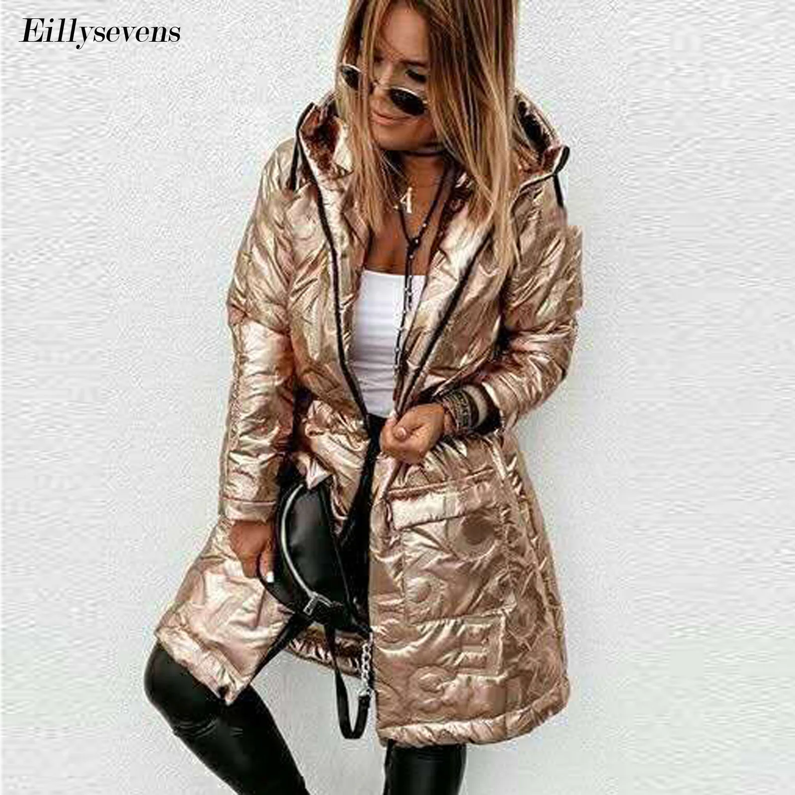 Золотые парки осенне зимняя куртка женское теплое блестящее пальто с длинным