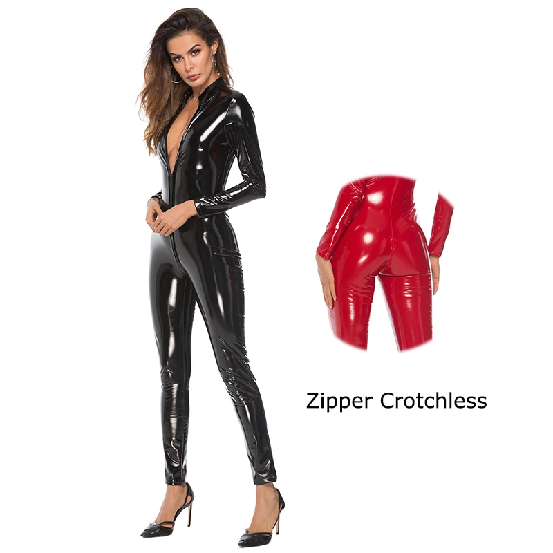 Комбинезон женский из лакированной кожи на молнии черный размера плюс | Женская
