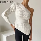Gagarich Женский пуловер 2021 осенний косый воротник рукав до локтя с открытыми плечами необычный Тонкий льняной узор Талия трикотажный свитер
