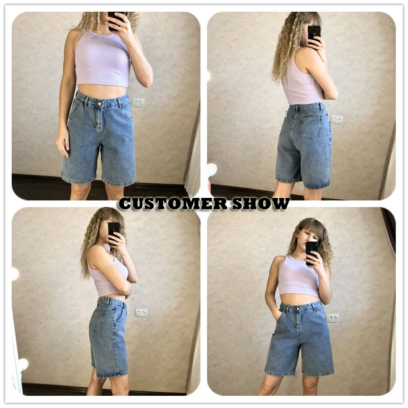 

YOCALOR 2020 New Summer Women High Waist Blue Wide Leg Denim Shorts Casual Female Solid Color Streetwear Stright Jeans Shorts
