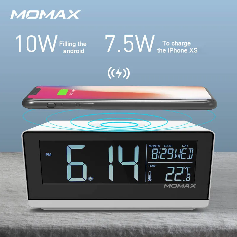 MOMAX QC1 будильник Беспроводная зарядка сиденья 10 Вт Мощность функция Hd lcd цифровой